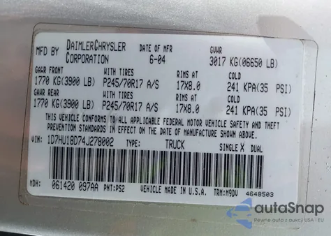 2004 Dodge Ram 1500 Slt/Laramie from USA, damaged, VIN 1D7HU18D74J278002